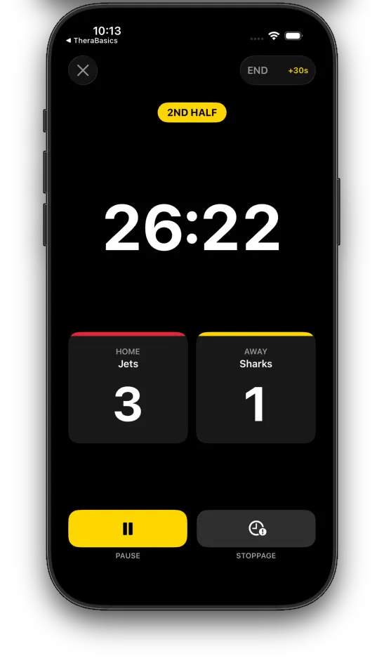 iPhone running the live match clock — 2nd half, 26:22, Jets 3 vs Sharks 1